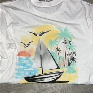 White Graphic Tee with Sailboat and Palm Trees
